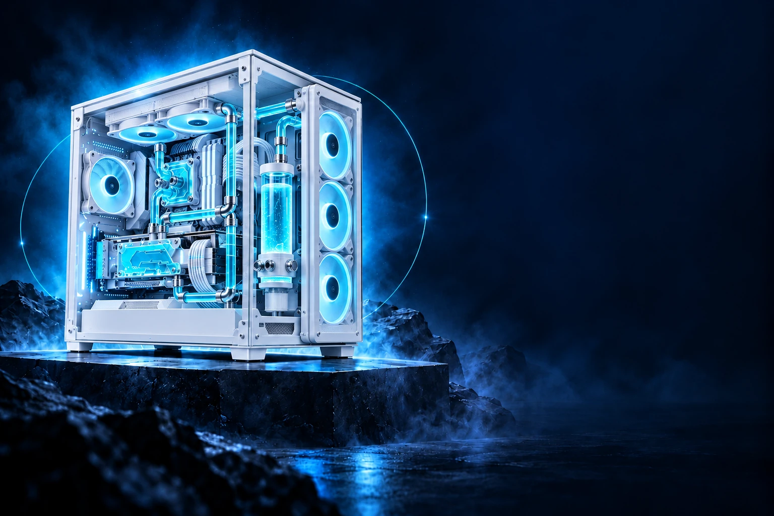 מחשב לבן עם מערכת Custom Loop בצבע תכלת