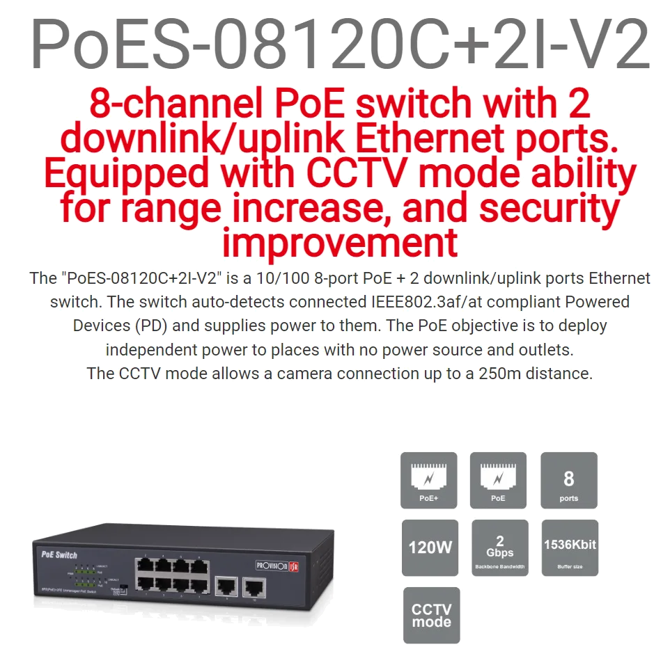 מתג Provision 8PORT POE Switch 10/100 incl 2 Uplink