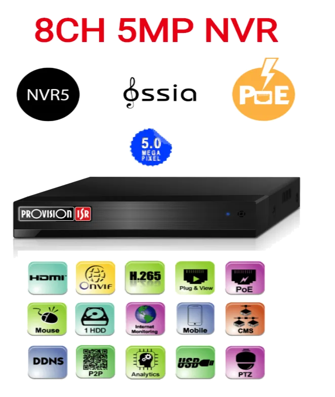מערכת הקלטה לשמונה מצלמות Provision 5mp NVR5-8200PX POE
