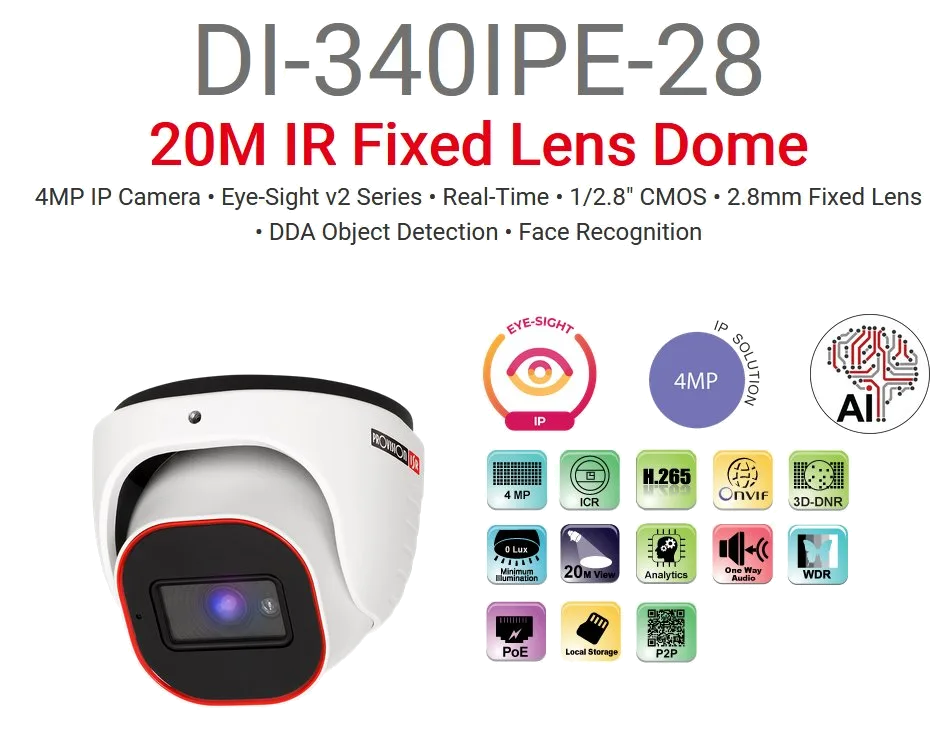 מצלמת כיפה Provision IP 4MP DOME DI-340IPE-28 POE